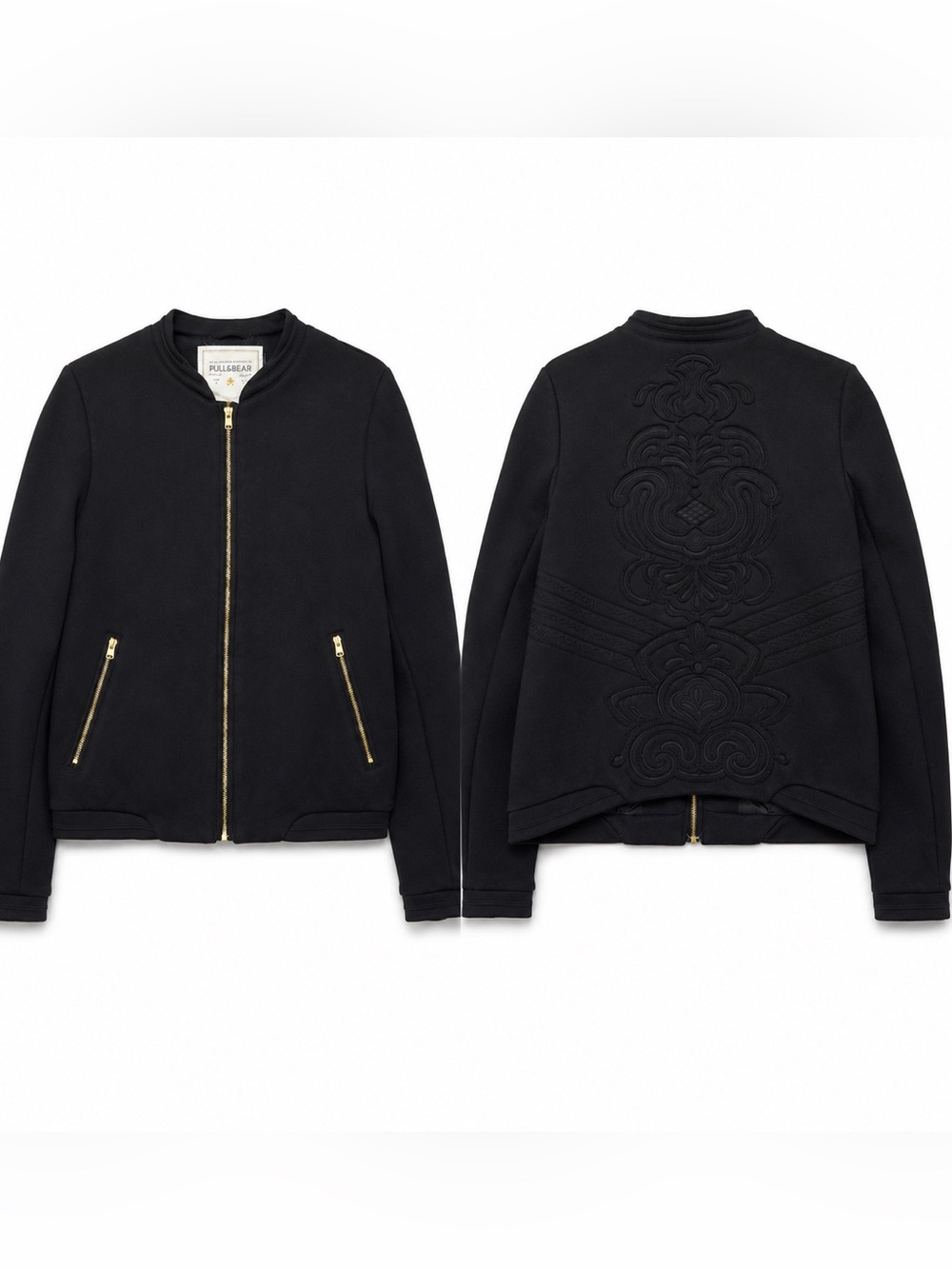 Pull&Bear Black Embroidered Bomber Jacket Gold Zip Women’s Small